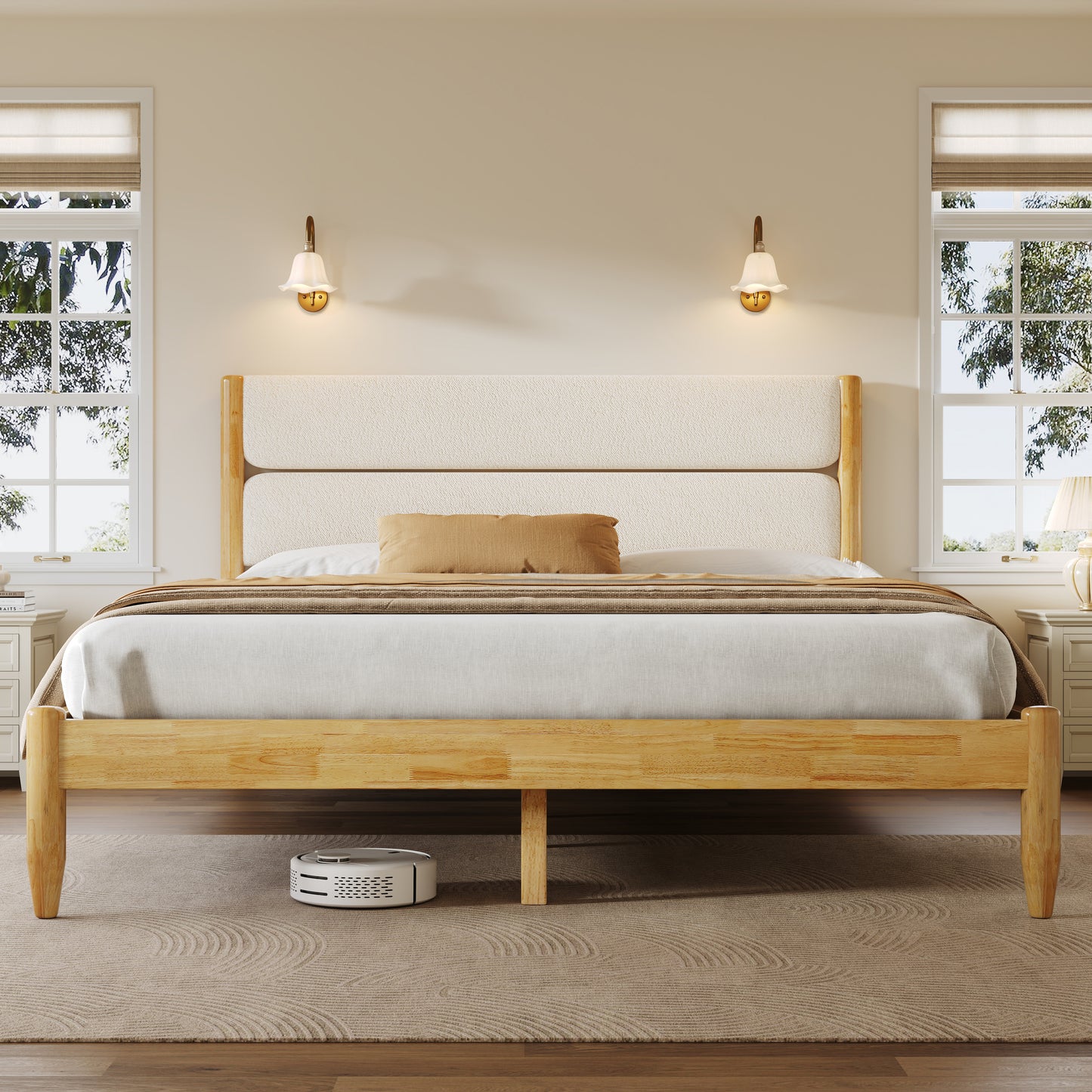 A symmetrical lifestyle view of a Queen Platform Bed featuring a plush ivory fleece headboard and a Durable Rubberwood Frame set in a bright, modern bedroom.