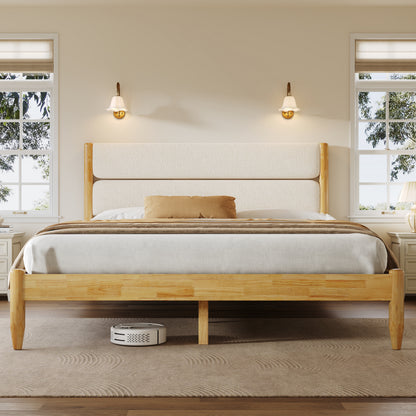 A symmetrical lifestyle view of a Queen Platform Bed featuring a plush ivory fleece headboard and a Durable Rubberwood Frame set in a bright, modern bedroom.