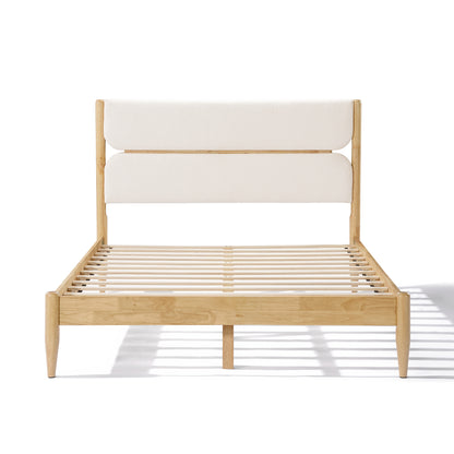 A side profile view of a Queen Platform Bed showcasing the integrated supportive slats, tapered legs, and the dual-panel ivory fleece headboard on a Durable Rubberwood Frame.