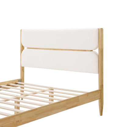 A high-resolution close-up of a rounded, tapered leg on a Durable Rubberwood Frame, showcasing the smooth natural wood grain and floor-protective padding for a Queen Platform Bed.