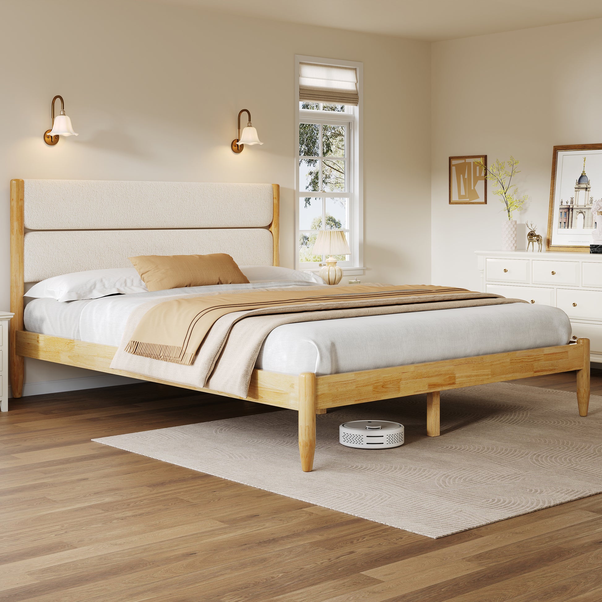 A clean front-facing view of a Queen Platform Bed featuring a high-density foam-filled headboard in ivory fleece and a Durable Rubberwood Frame with natural wood grain.