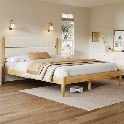 A clean front-facing view of a Queen Platform Bed featuring a high-density foam-filled headboard in ivory fleece and a Durable Rubberwood Frame with natural wood grain.