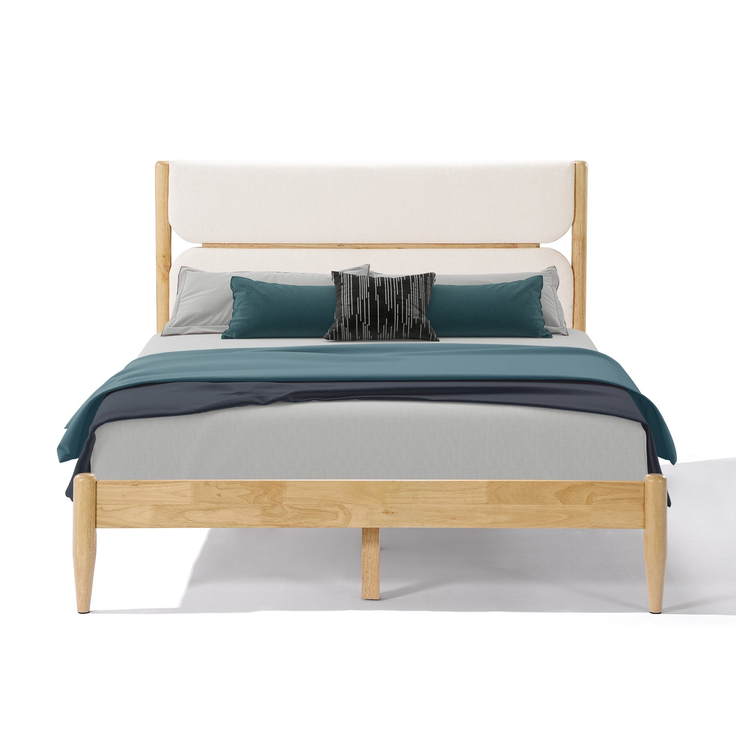  A high-angle perspective of the Queen Platform Bed highlighting the sturdy Durable Rubberwood Frame, integrated support slats, and tapered legs in a natural finish.