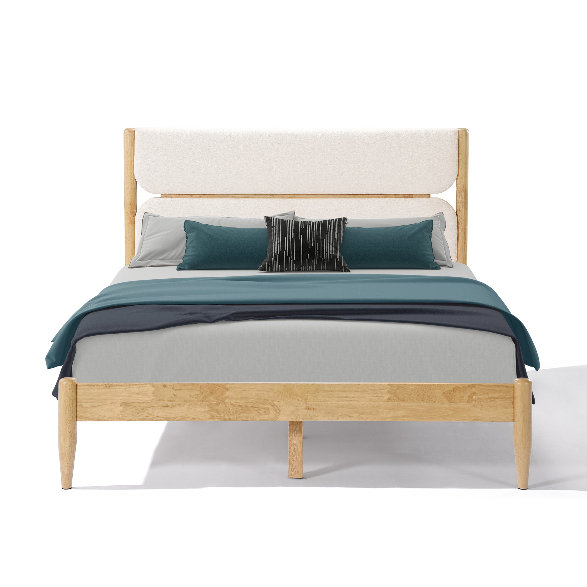  A high-angle perspective of the Queen Platform Bed highlighting the sturdy Durable Rubberwood Frame, integrated support slats, and tapered legs in a natural finish.