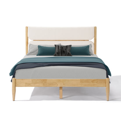  A high-angle perspective of the Queen Platform Bed highlighting the sturdy Durable Rubberwood Frame, integrated support slats, and tapered legs in a natural finish.