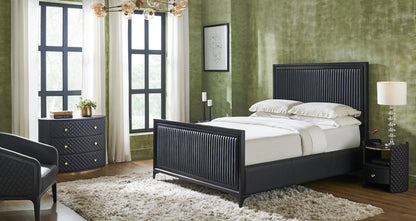 Quilted Round Leather Nightstand black bedroom lifestyle beside bed lamp crystal base green wall 
