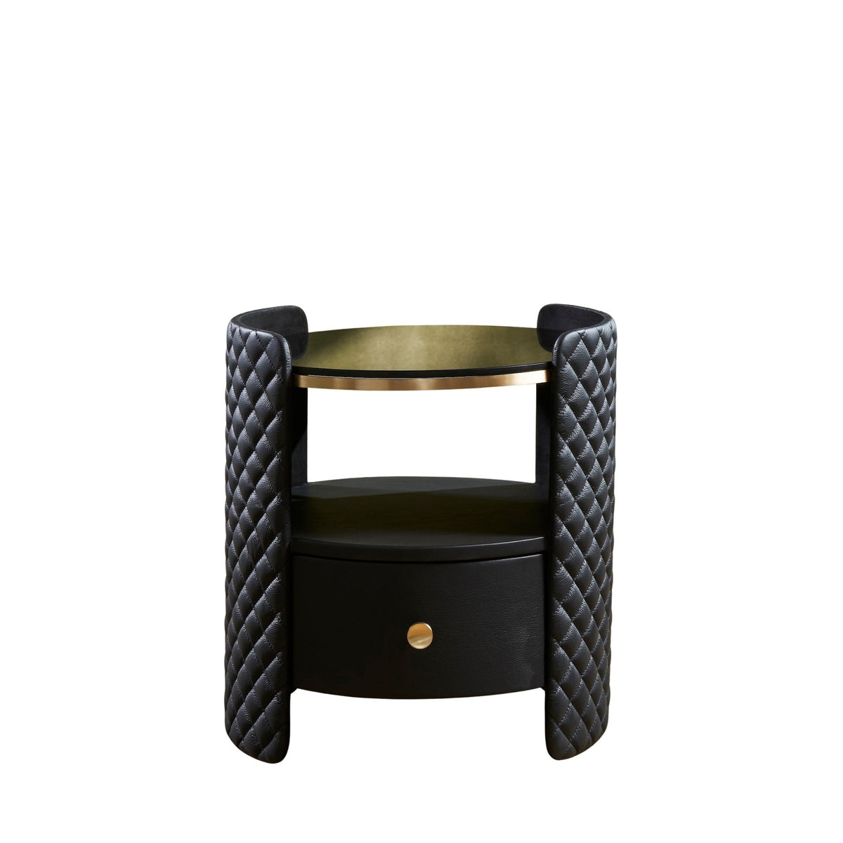 Quilted Round Leather Nightstand black front view diamond quilting brass rim drawer white background product shot