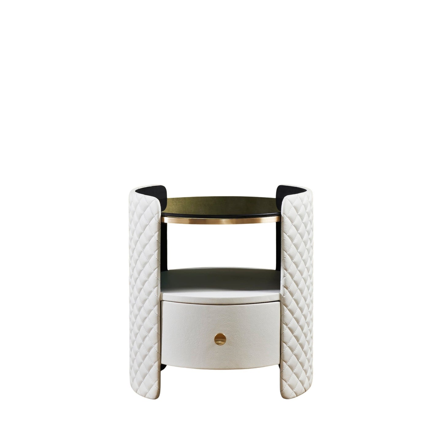 Quilted Round Leather Nightstand white front view brass rim open shelf drawer white background product shot