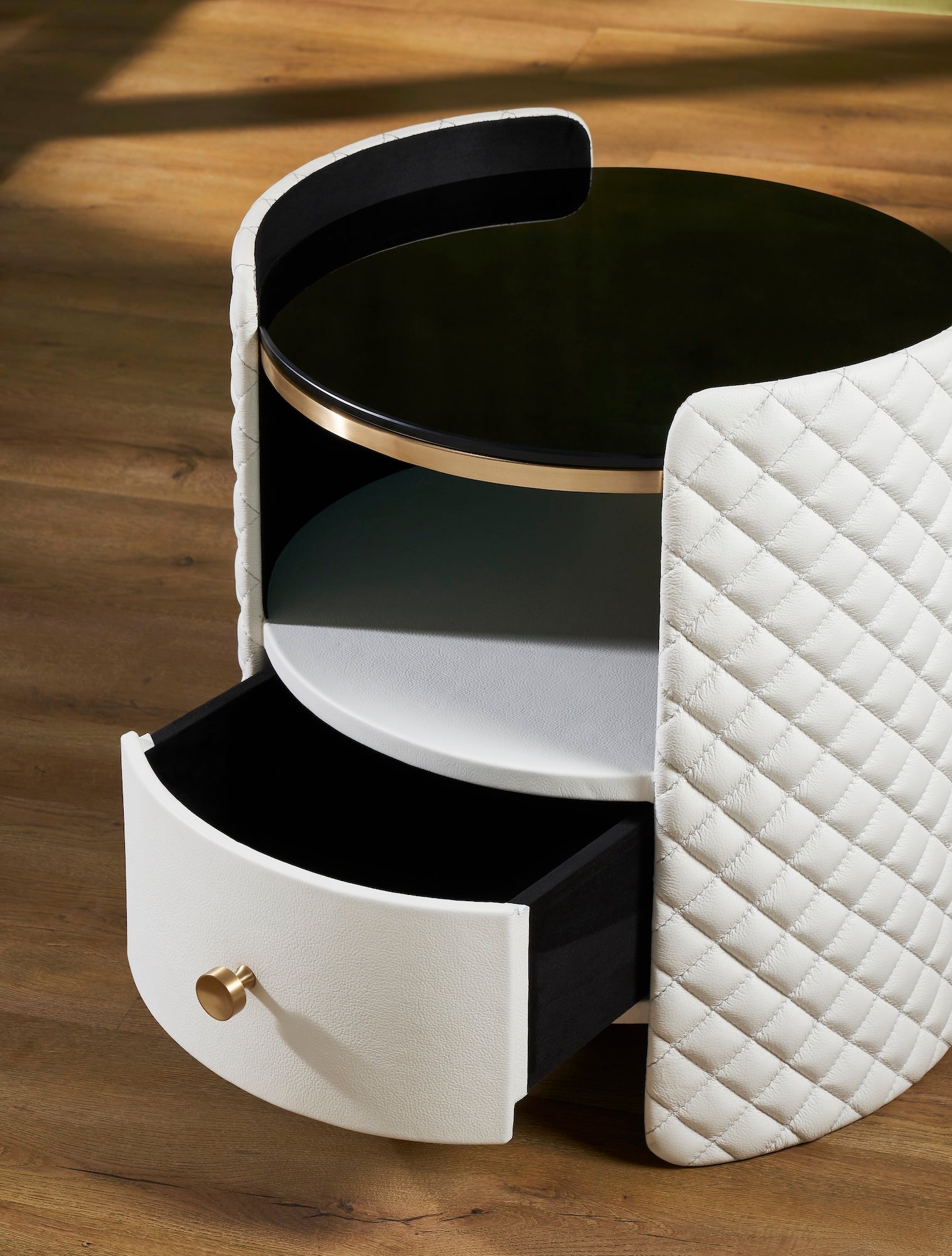 Quilted Round Leather Nightstand white open drawer brass pull soft-close interior shelf detail hardwood floor