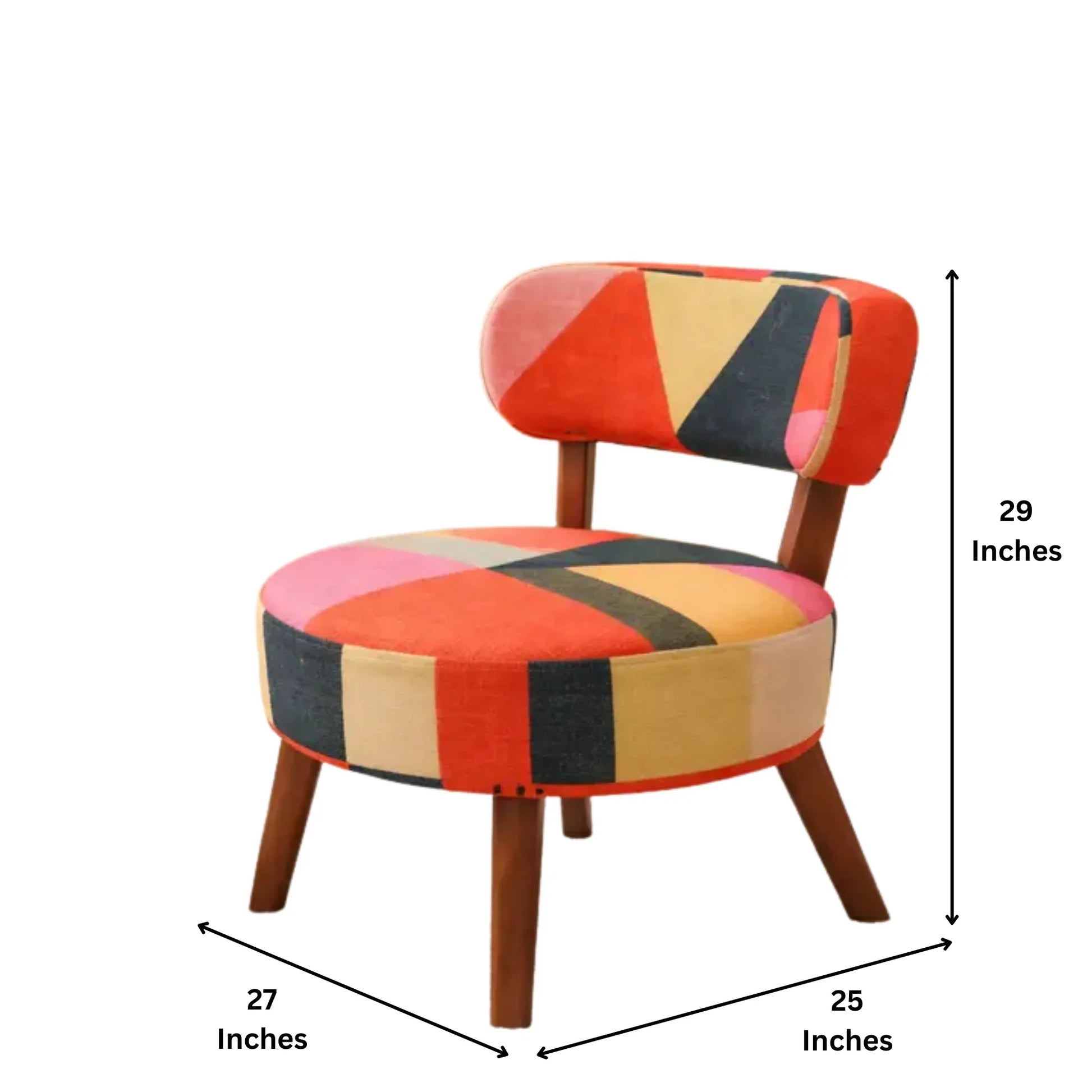 Rainbow Loom round accent chair dimensions showing 25 inches wide, 27 inches deep, and 29 inches high with geometric chenille upholstery

 