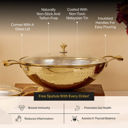 Brass Wok with Glass lid (Circular & Deep cooking/ serving Utensil) Powered by People