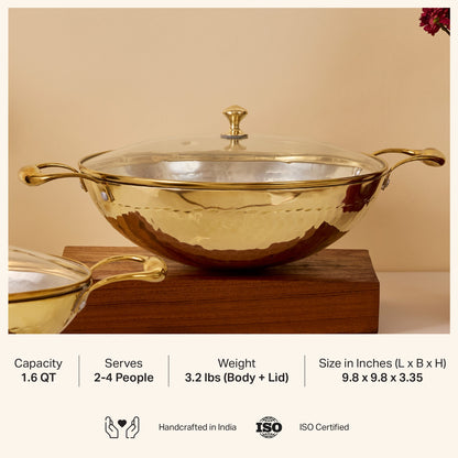 Brass Wok with Glass lid (Circular & Deep cooking/ serving Utensil) Powered by People