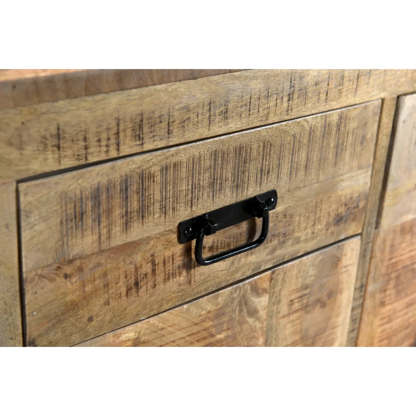 A detailed close-up shot focusing on the textured raw wood grain of a drawer front on the Reclaimed Wood Sideboard, featuring a rugged black iron pull handle.