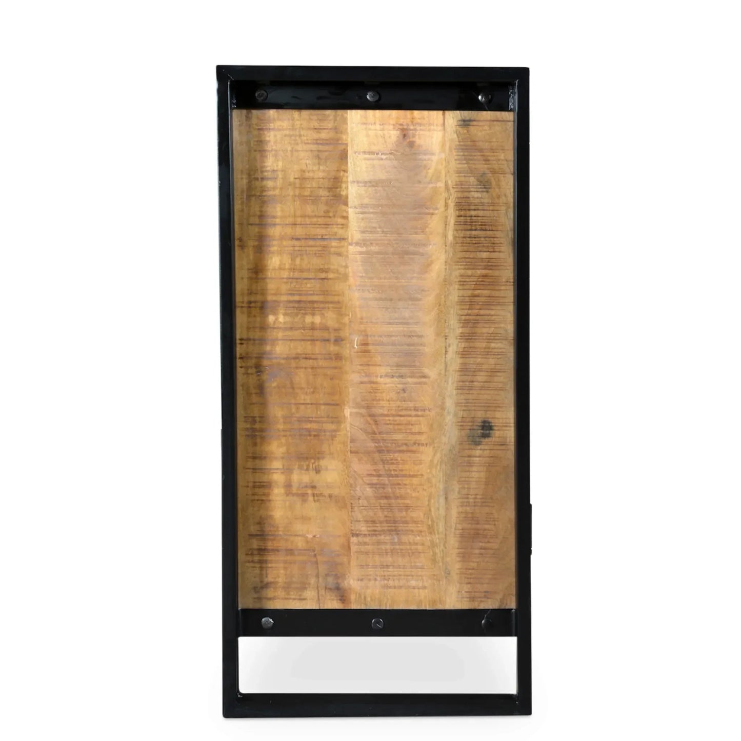 A direct side profile studio shot of the Reclaimed Wood Sideboard, showcasing the deep mango wood side panel encased in the matte black iron frame.