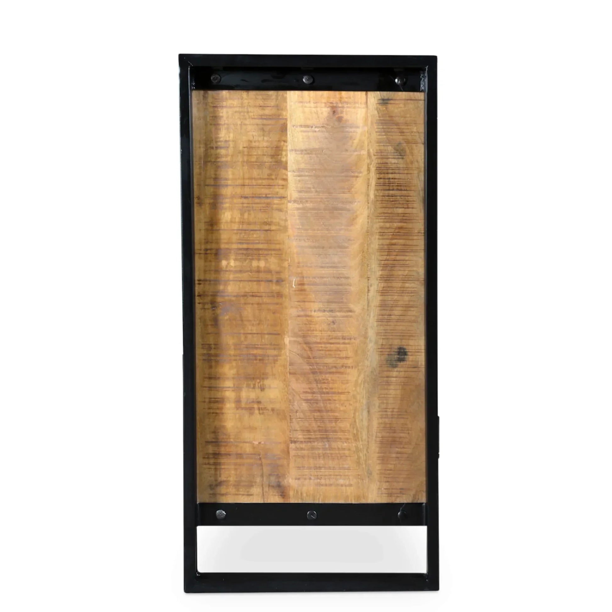 A direct side profile studio shot of the Reclaimed Wood Sideboard, showcasing the deep mango wood side panel encased in the matte black iron frame.