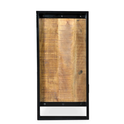 A direct side profile studio shot of the Reclaimed Wood Sideboard, showcasing the deep mango wood side panel encased in the matte black iron frame.