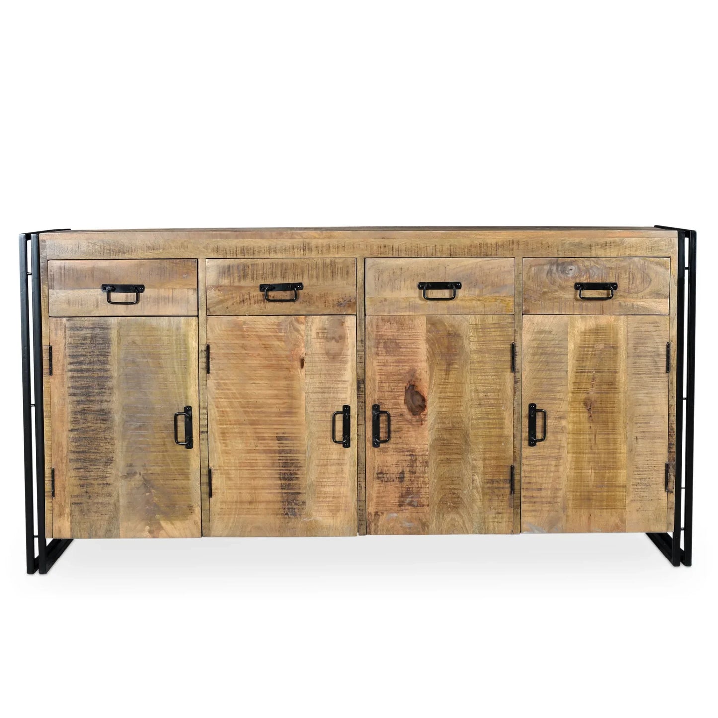 A direct front studio view of the Reclaimed Wood Sideboard made from mango wood, showcasing the natural wood grain and industrial iron frame structure.