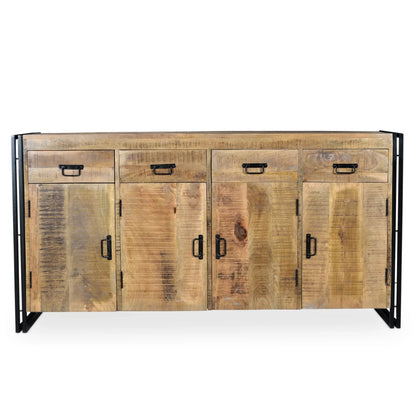 A direct front studio view of the Reclaimed Wood Sideboard made from mango wood, showcasing the natural wood grain and industrial iron frame structure.