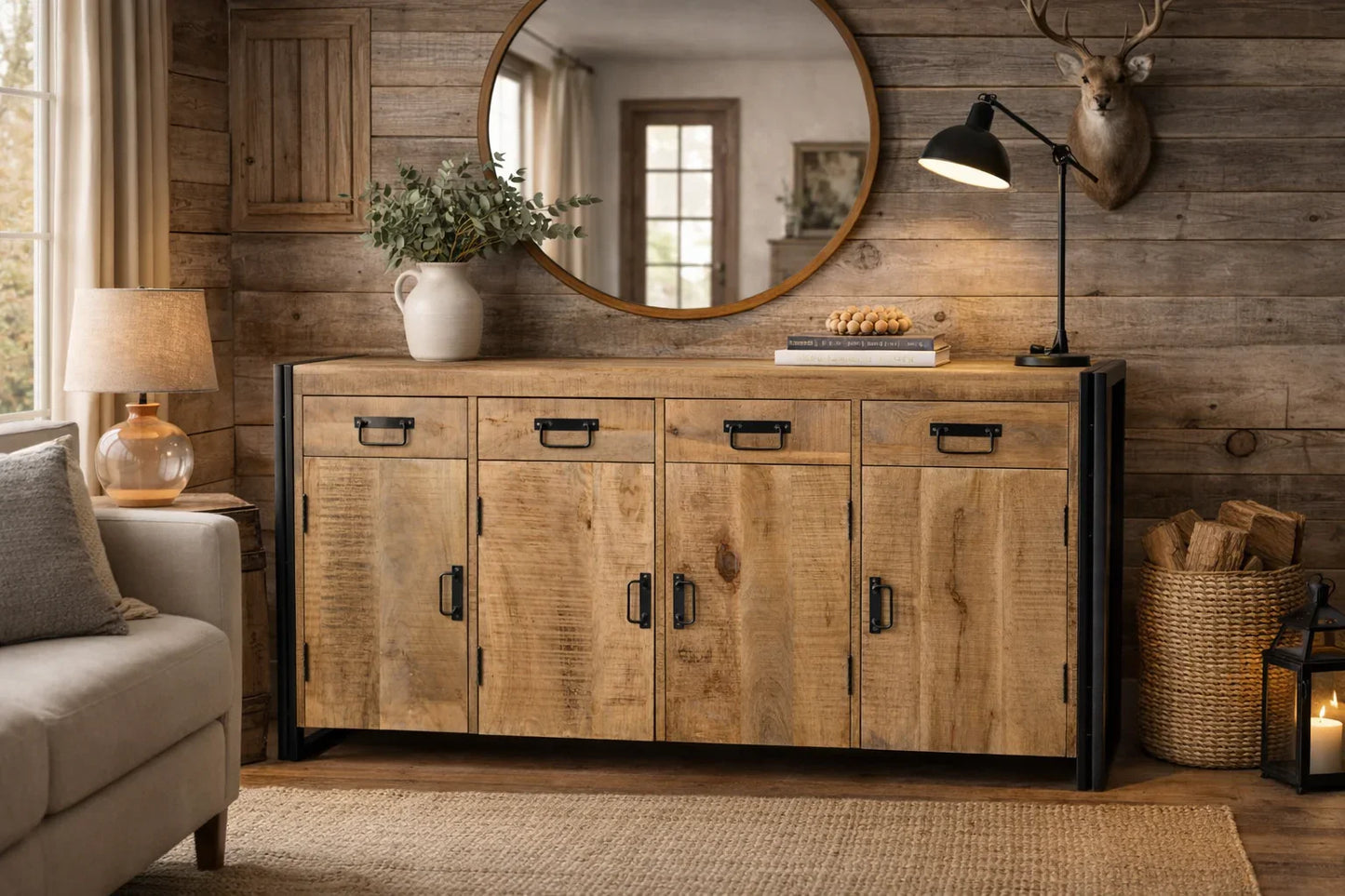 A rugged Reclaimed Wood Sideboard featured in a rustic living room layout with a warm wood paneled wall, a black table lamp, and a large circular mirror.