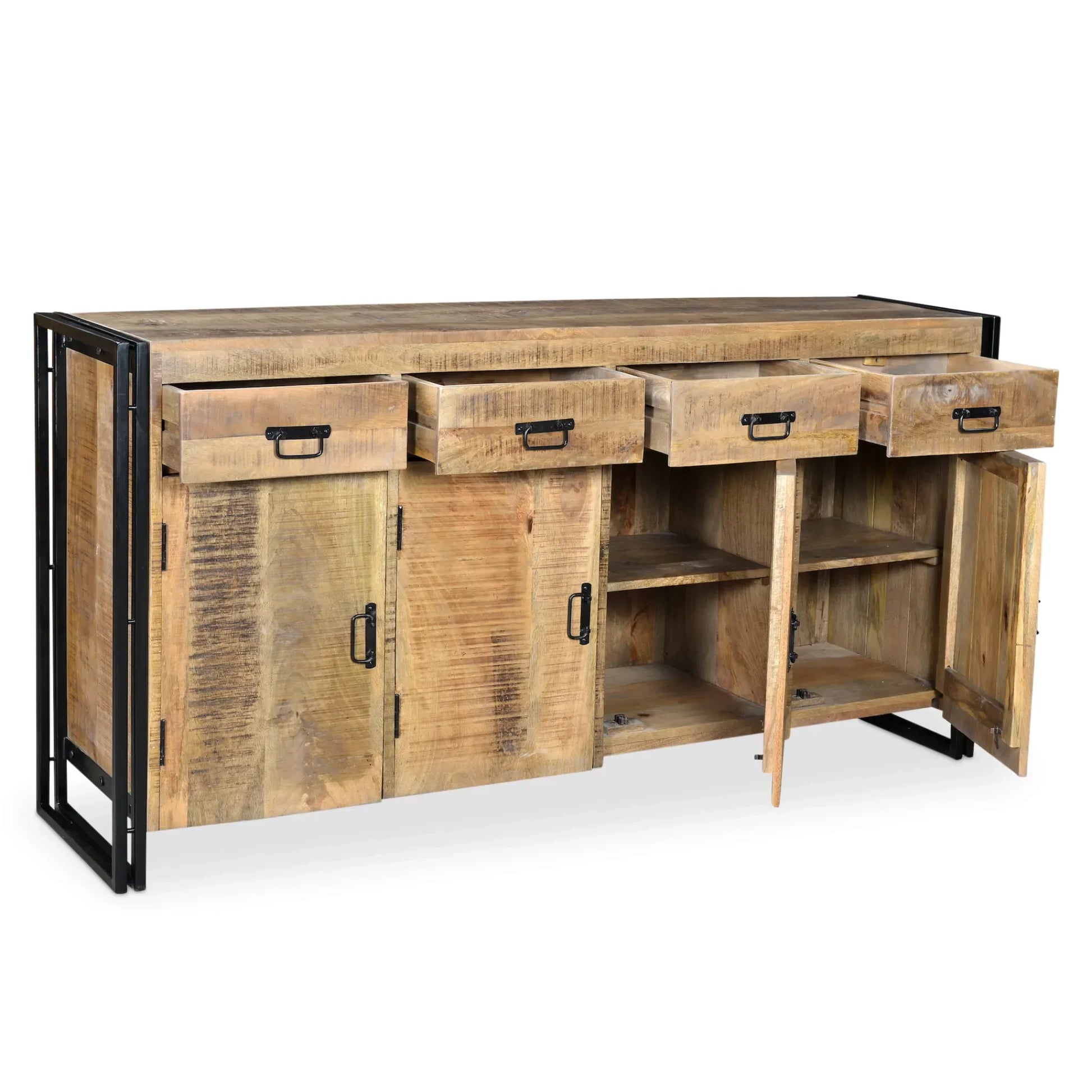 An angled view of the Reclaimed Wood Sideboard with all four top drawers pulled out and lower doors open, showcasing the interior storage shelves and mango wood craftsmanship.