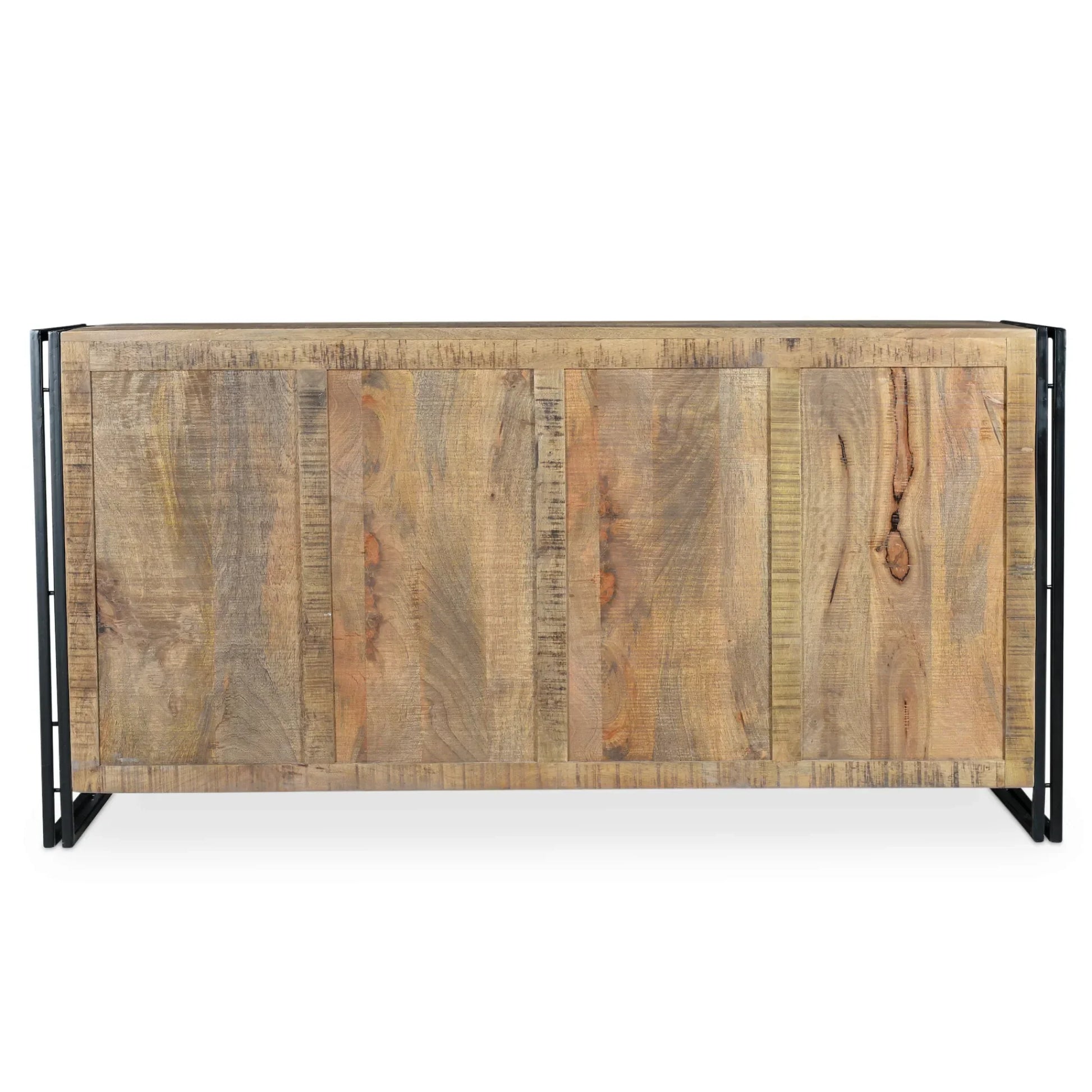 A direct back view of the Reclaimed Wood Sideboard on a white studio background, showcasing the clean, solid mango wood back panel and the rear iron frame structure.
