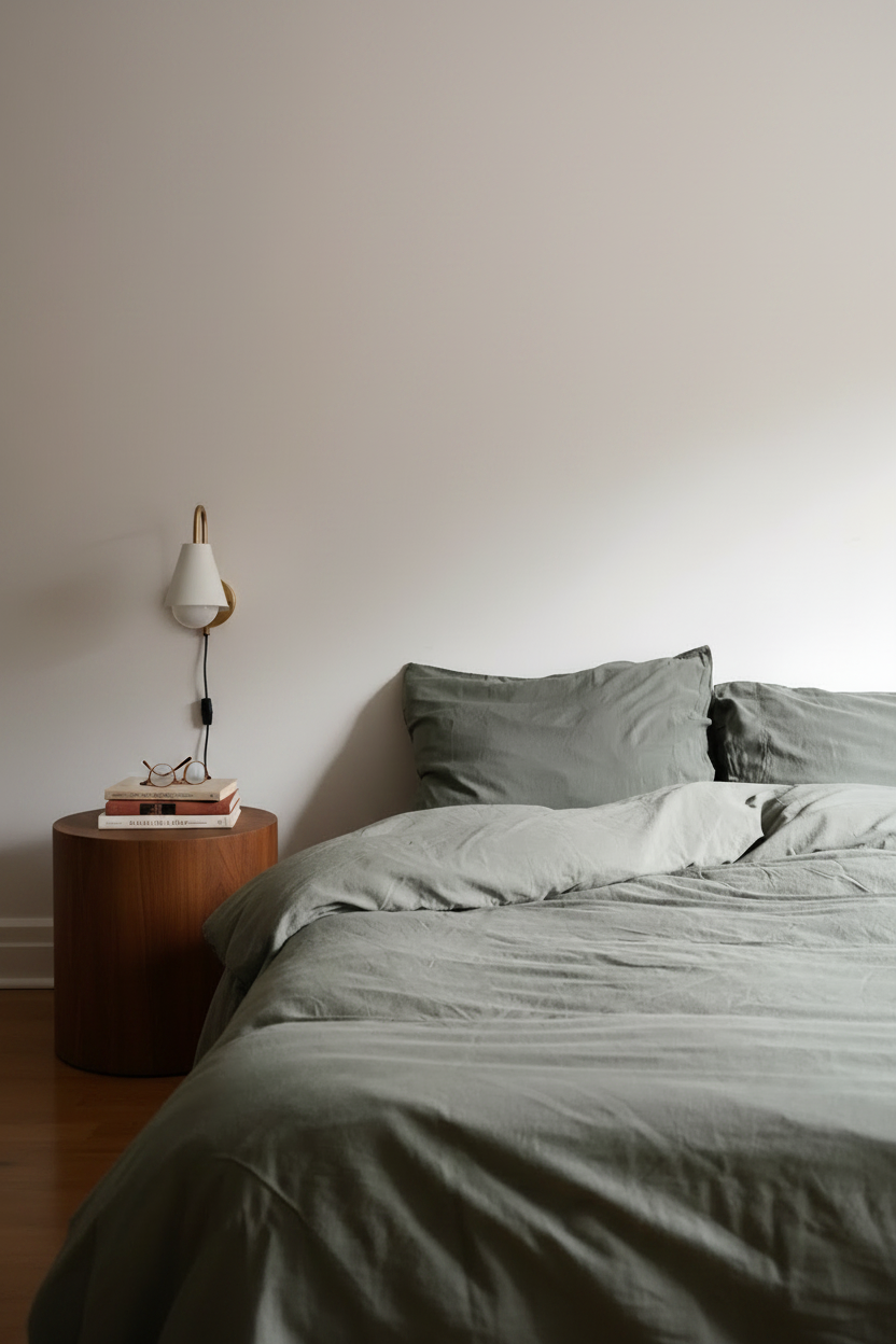 Signature Milk Fibre Core Set Highlands Green pillowcase and sheets on a low bed with wood nightstand and wall sconce in a minimalist bedroom