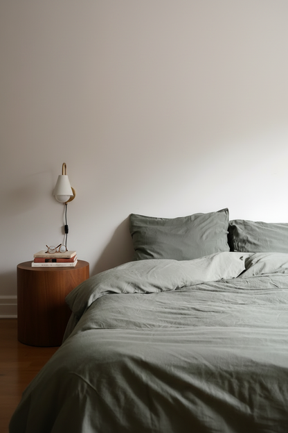 Signature Milk Fibre Core Set Highlands Green pillowcase and sheets on a low bed with wood nightstand and wall sconce in a minimalist bedroom