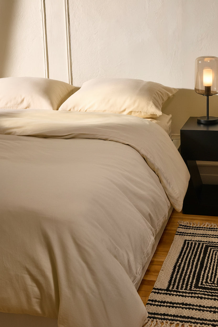 Signature Milk Fibre Deluxe Set in Cream with duvet cover and pillowcases on a styled bedroom bed