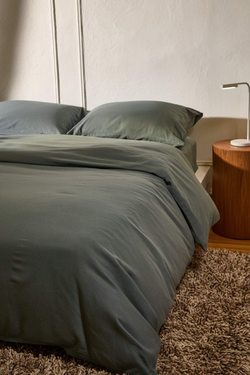 Signature Milk Fibre Deluxe Set in Highlands Green with duvet cover and pillowcases on a styled bedroom bed