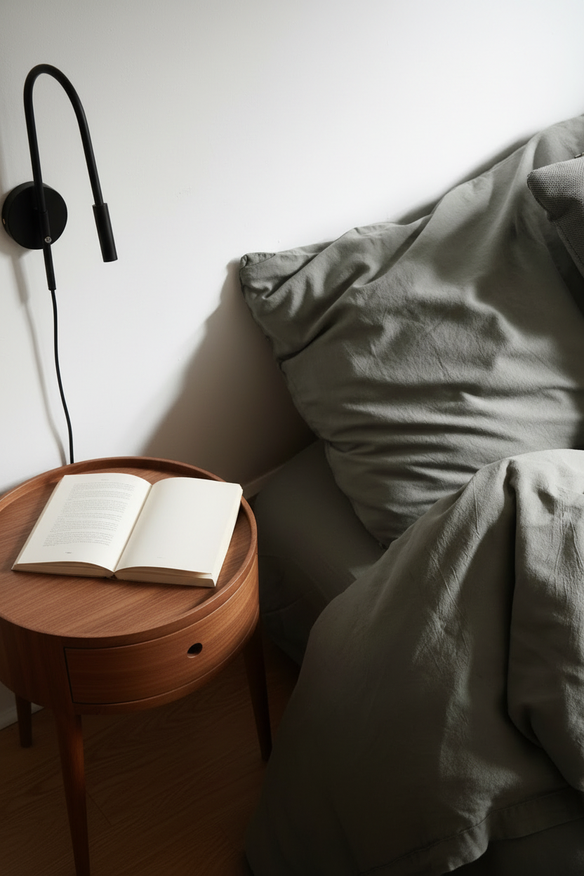 Signature Milk Fibre Deluxe Set Highlands Green pillowcase and duvet detail with open book on wood nightstand and black wall lamp