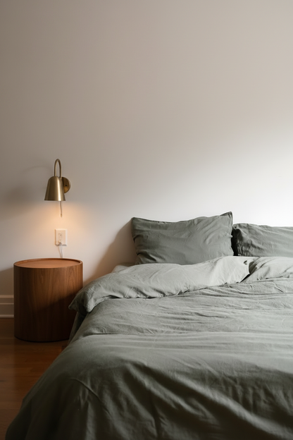 Signature Milk Fibre Deluxe Set Highlands Green duvet cover and pillowcases on a bed with brass wall lamp and wood nightstand