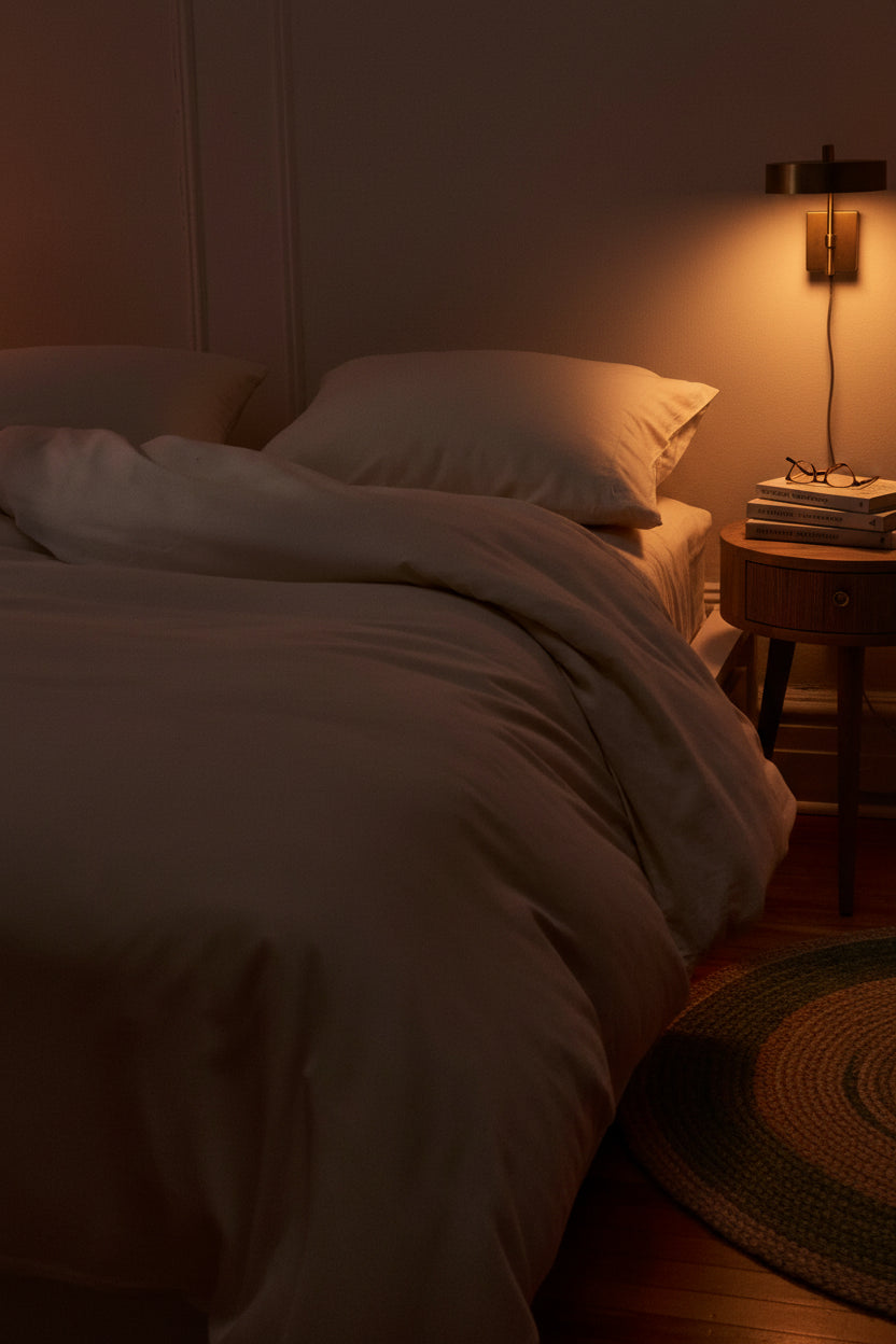 Signature Milk Fibre Duvet Cover Cream on a bed in a warmly lit evening bedroom with soft amber lamp glow