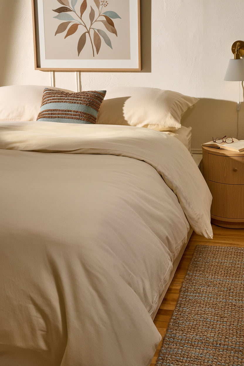 Signature Milk Fibre Duvet Cover Cream on a styled bed with warm neutral bedroom setting and botanical wall art