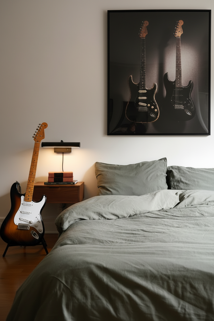 Signature Milk Fibre Duvet Cover Highlands Green on a bed in a warmly lit bedroom with vintage guitar and electric guitar wall art