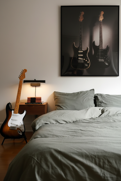 Signature Milk Fibre Duvet Cover Highlands Green on a bed in a warmly lit bedroom with vintage guitar and electric guitar wall art