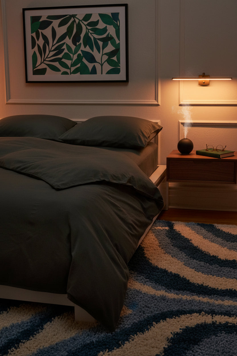 Signature Milk Fibre Duvet Cover Highlands Green on a bed in a warmly lit evening bedroom with botanical leaf wall art and striped area rug