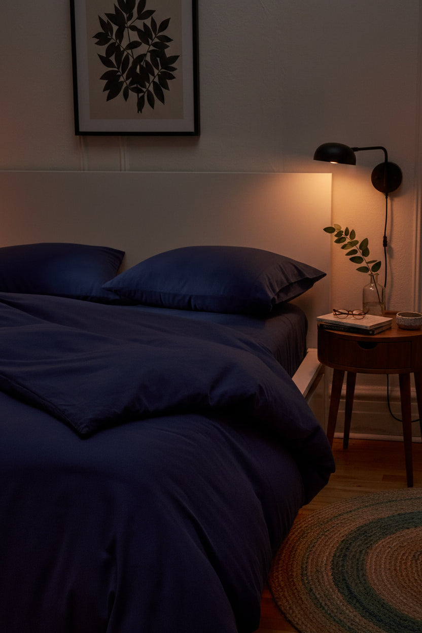 Signature Milk Fibre Duvet Cover Lunar Blue on a bed in a warmly lit evening bedroom with soft amber lamp glow and botanical wall art
