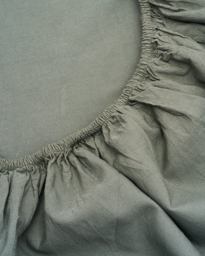 Signature Milk Fibre Sheet Set in Highlands Green fitted sheet elastic corner close up detail