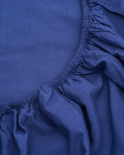 Signature Milk Fibre Sheet Set in Lunar Blue fitted sheet elastic corner close up detail