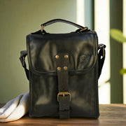 Bovine Leather Small Satchel Bag - Black - Fluent Trends