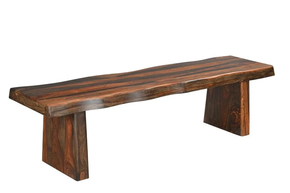 Handmade premium quality solid wood dining bench with a thick live edge seat and matching panel legs isolated on a white background