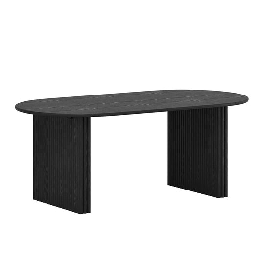 Solid wood double pedestal oval dining table in black finish with fluted panel bases and oval top, isolated on white background