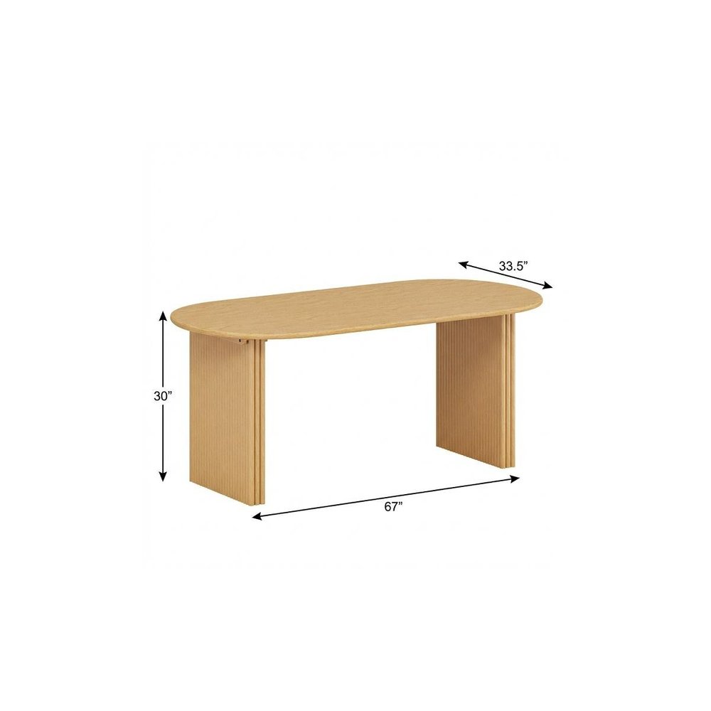 Dimension diagram of solid wood double pedestal oval dining table in natural oak finish showing 67 inch length, 33.5 inch depth, and 30 inch height