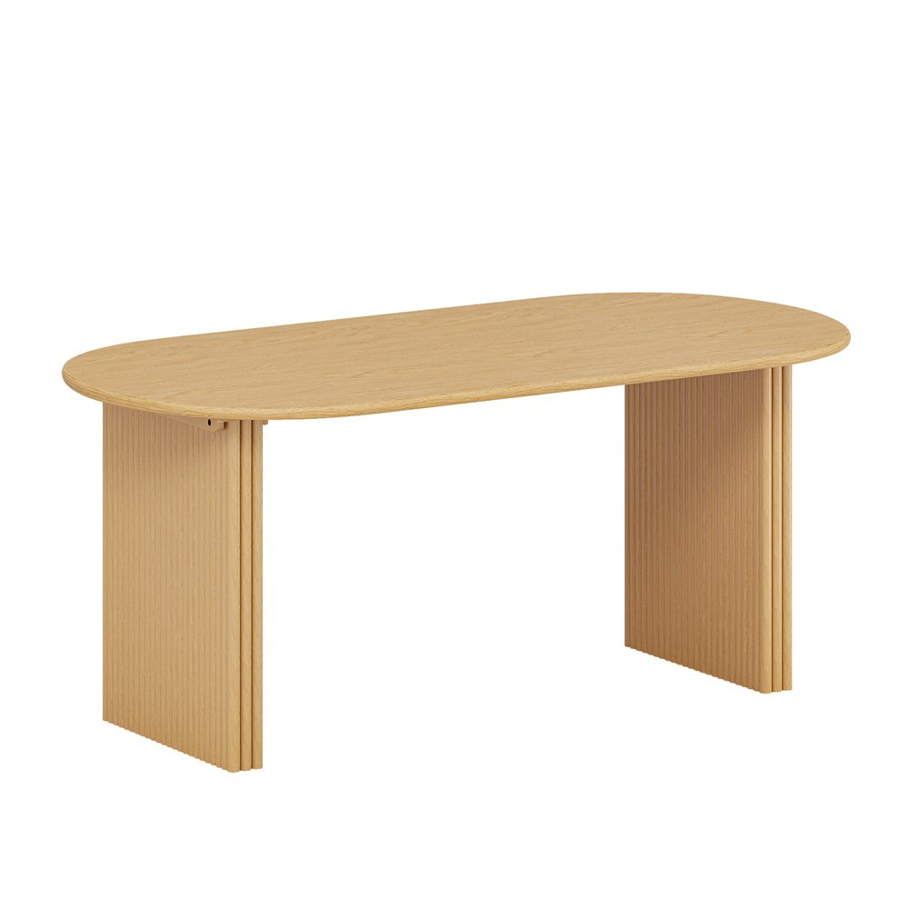Solid wood double pedestal oval dining table in natural oak finish with fluted panel bases and oval top, isolated on white background