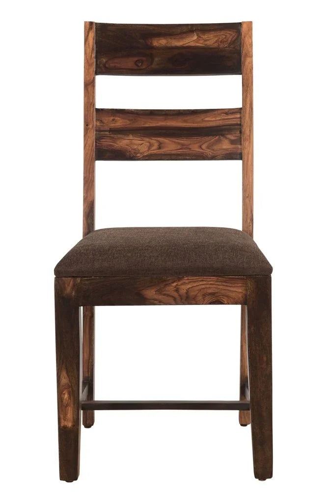 Front straight view of a handmade premium quality solid wood ladder back dining chair with a brown upholstered cushioned seat isolated on a white background