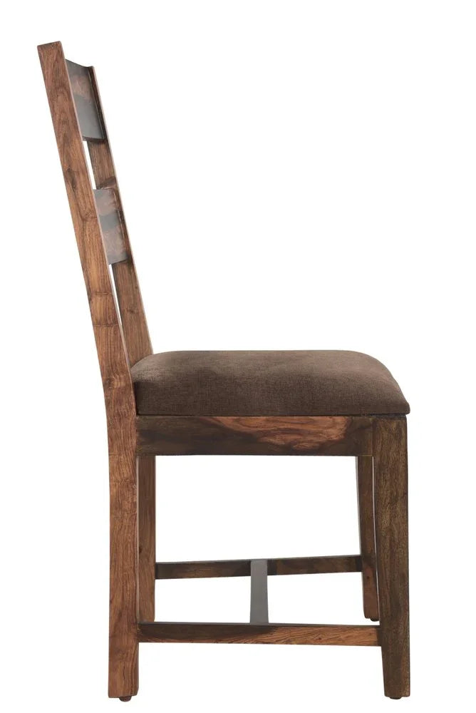 Side profile view of a handmade premium quality solid wood ladder back dining chair with a brown upholstered cushioned seat isolated on a white background