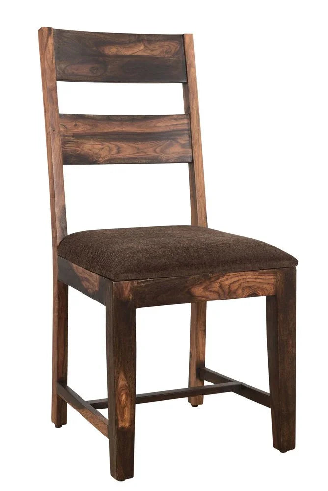 Handmade premium quality solid wood ladder back dining chair featuring a brown upholstered cushioned seat isolated on a white background