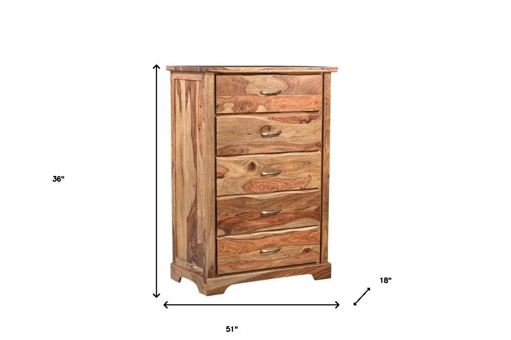 Dimension diagram of solid wood live edge chest measuring 36 inches high 51 inches wide and 18 inches deep with five drawers