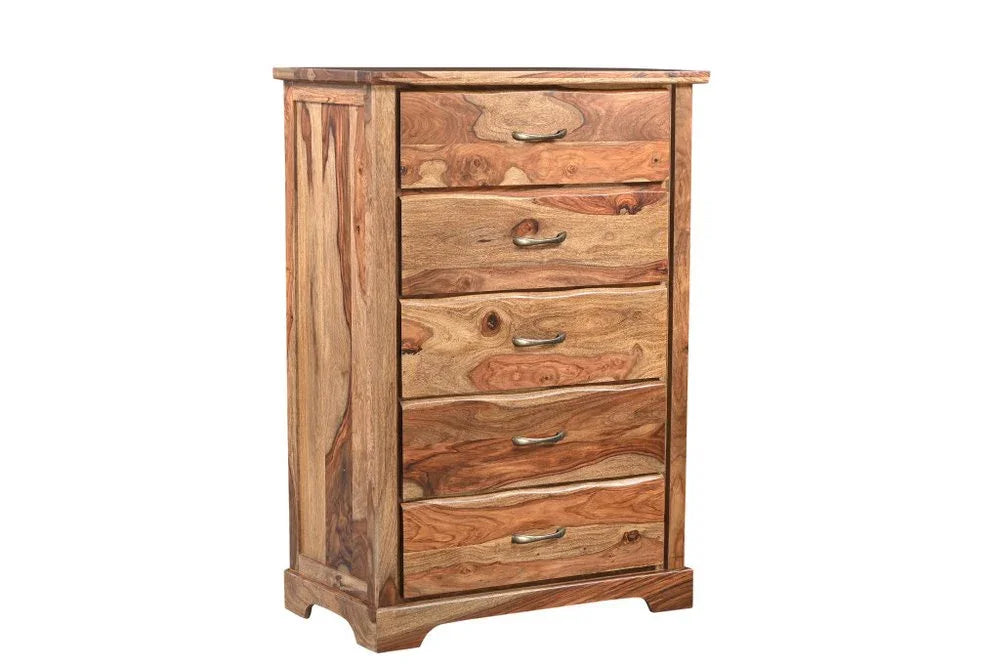 Three-quarter view of solid wood live edge chest showing dramatic sheesham grain five drawers brass cup pulls and bracket feet