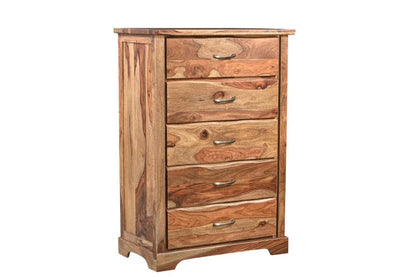 Three-quarter view of solid wood live edge chest showing dramatic sheesham grain five drawers brass cup pulls and bracket feet